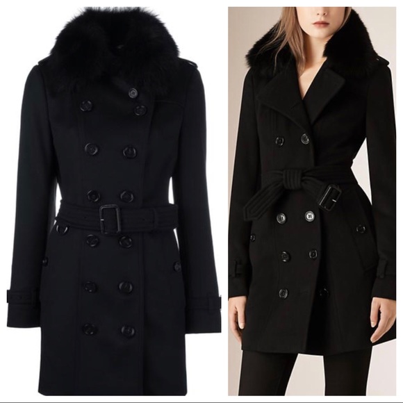 Burberry wool cashmere fur collar trench coat